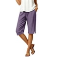 thumbnail image 4 of Bermuda Shorts for Women Petite Cotton Linen Knee Length High Waisted Pull On Baggy Shorts with Pockets Summer Casual Lounge Side Split Pants Purple XL, 4 of 5