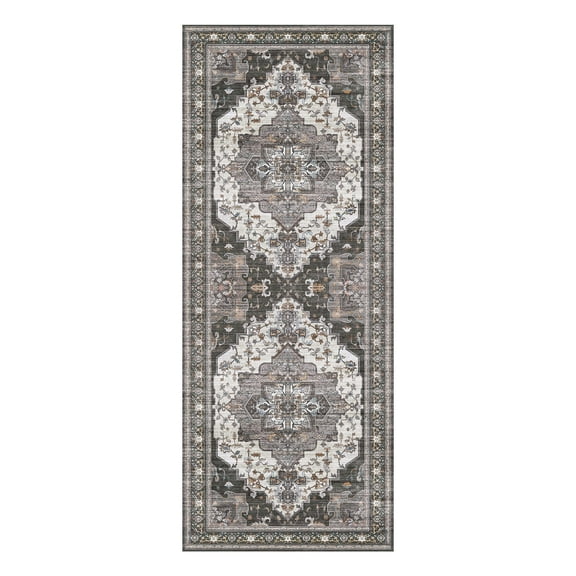 Boho Vintage 2x5 Runner Rug, Machine Washable Non Slip, Floral Medallion Pattern for High Traffic Areas Kitchen Hallway, Dark Grey