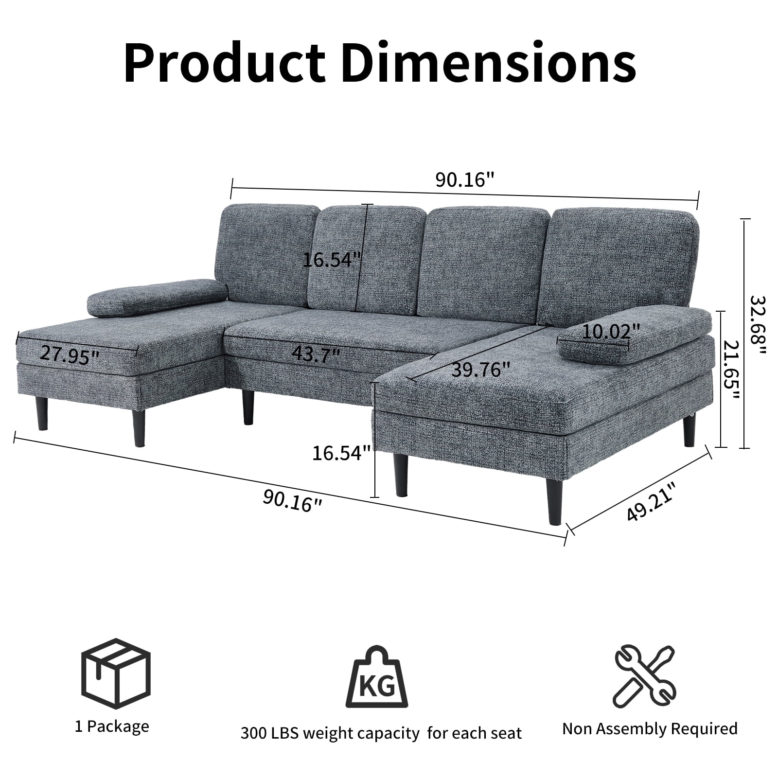 Gianna U-Shaped Sectional Sofa for Living Room, 4-Seat Modern Couch with Chenille Fabric and Removable Pillows for Apartment or Small Spaces