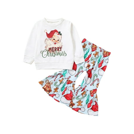 

Canrulo Toddler Baby Girls Christmas Clothes Long Sleeve Santa Claus Print Sweatshirt Tops + Flared Pants Set Light Blue Christmas Hat 6-12 Months
