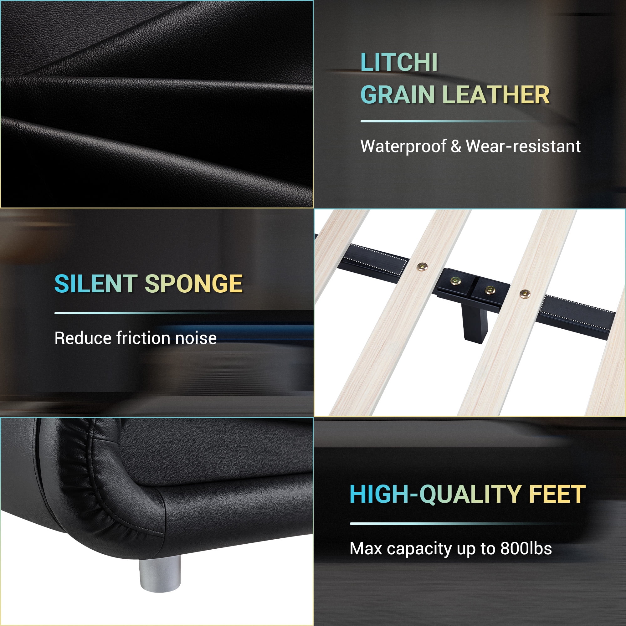 Sifurni King size Wave-Like Curve Deluxe Upholstered Modern Bed Frame with LED Headboard, Black