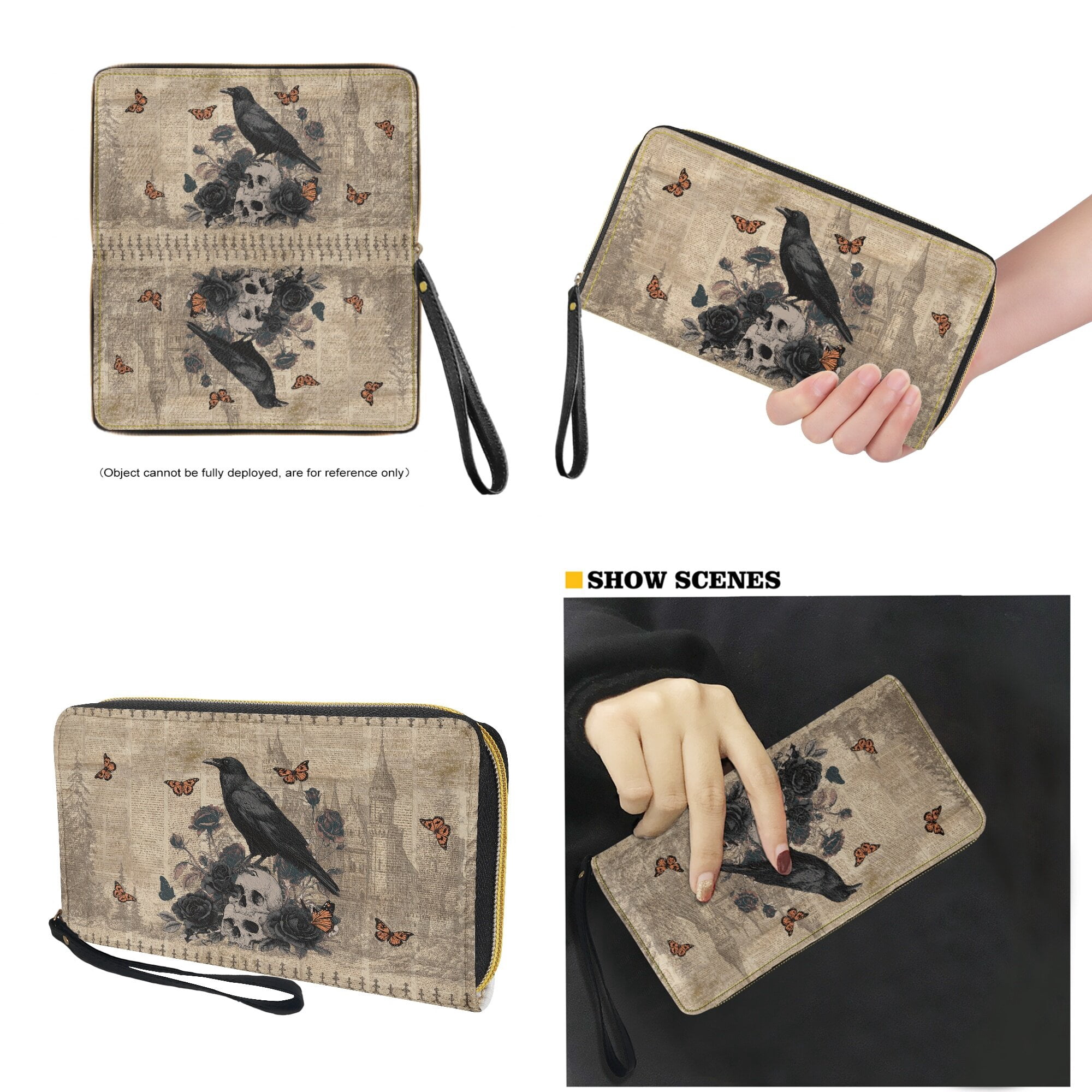 Kuiaobaty Skull Raven Print Satchel Purse for Travel, Butterfly Rose Print Tote Handbag Set with Adjustable Strap, Gothic Casual Leather Shoulder Bag Purse for Travel