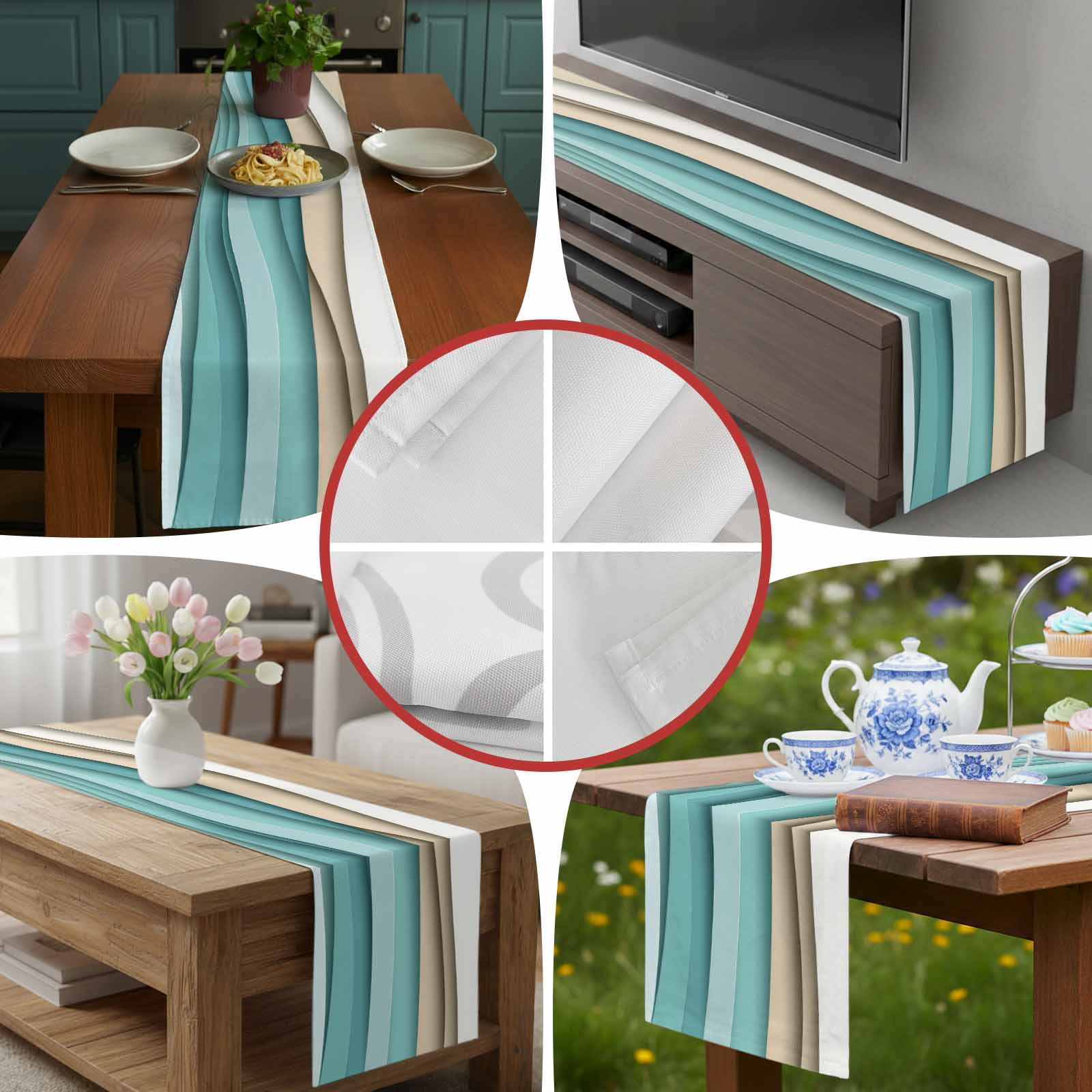 Teal Brown Gradient Water Ripple Table Runner 90 Inches Long, Abstract Geometric Table Runners Tabletop Scarf Kitchen Dining Tables Decoration for Home Party Indoor Outdoor