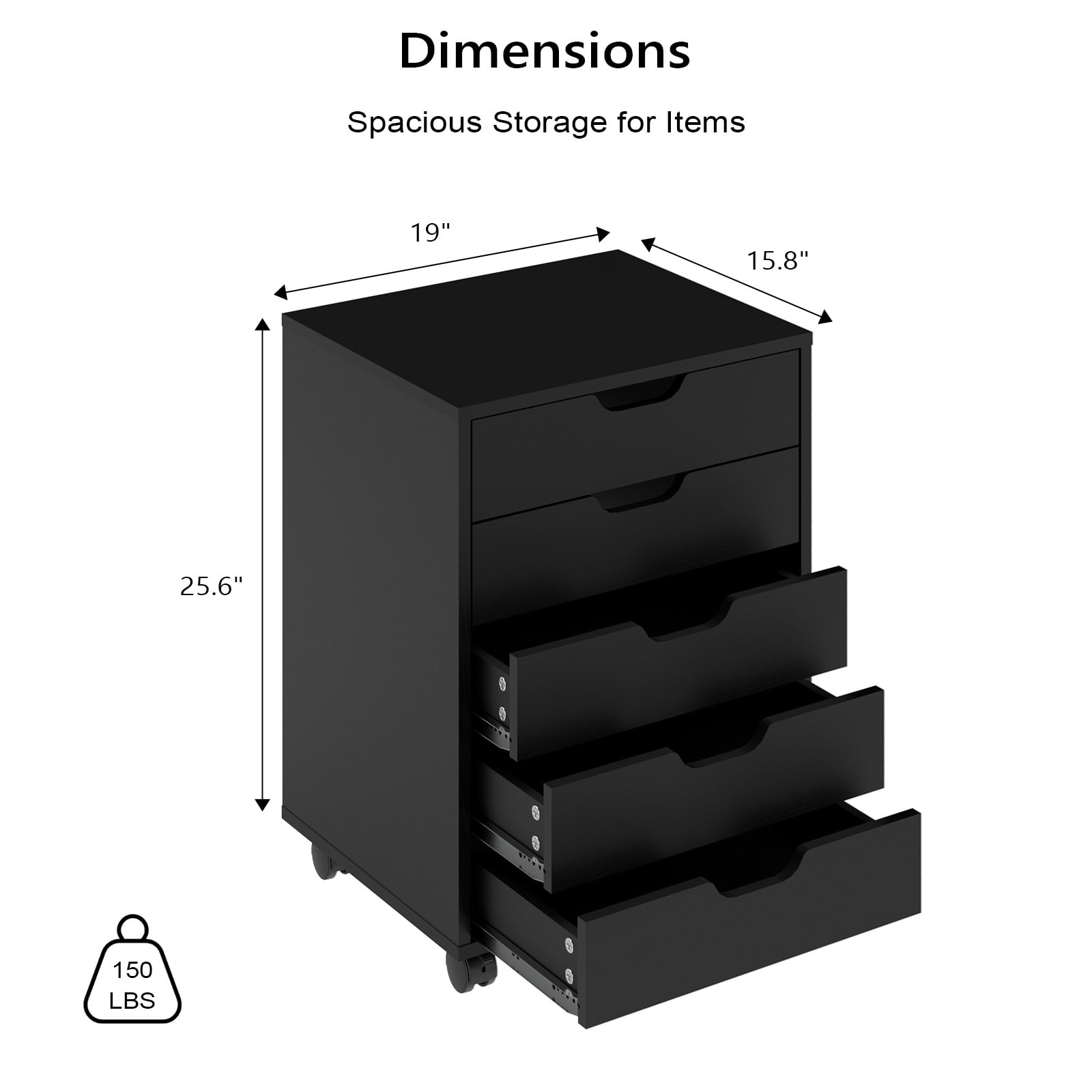Ktaxon Mobile 5 Drawer File Cabinet Rolling Storage Cart Wood File Cabinet with Wheels, Black