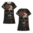 thumbnail image 3 of Women's Nightgown Short Sleeve Sleepwear Crew Neck Casual Sleepshirt, Retro Skull Head Red Rose, 3 of 7