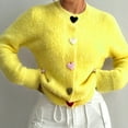 thumbnail image 4 of hoksml Women's Yellow Heart Button Cardigan Solid Color Round Neck Long Sleeve Knit Sweater Warm Fall Winter Button Up Cover Up, 4 of 9