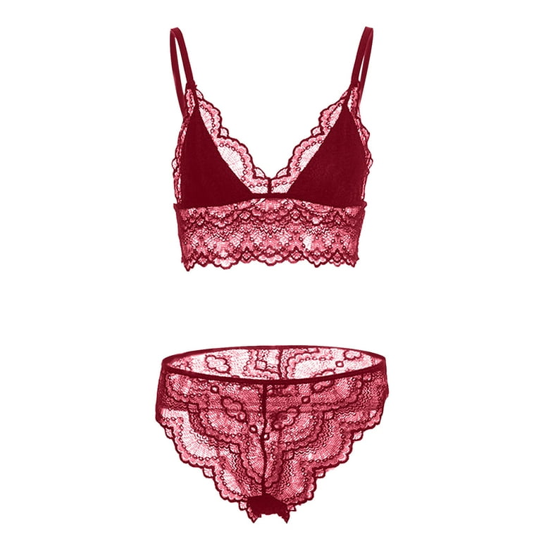 Pimfylm Pinsy Shapewear Bodysuit Lace Women's Embroidered lace Thin Bra,  Low-Cut Push-up Underwear Panty Set Red X-Large