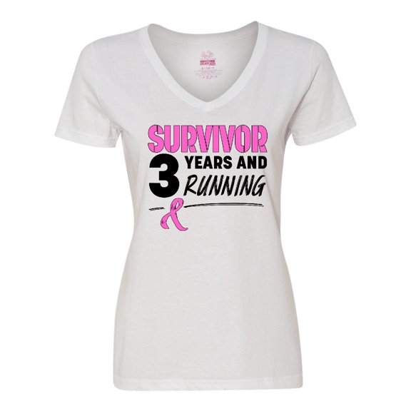 Inktastic Breast Cancer Survivor 3 Years and Running with Pink Ribbon Women's V-Neck T-Shirt
