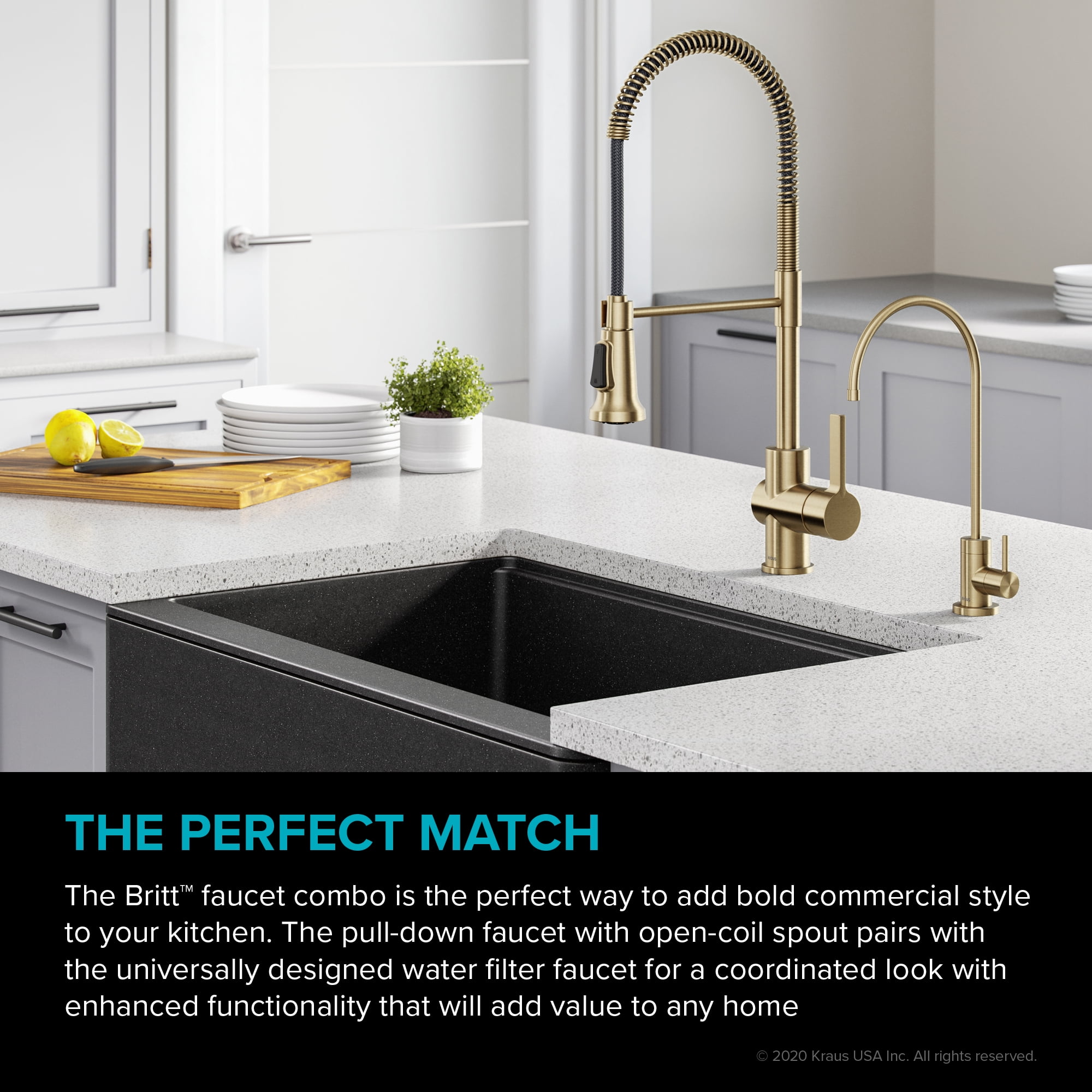 KRAUS Britt Commercial Style Kitchen Faucet and Purita Water Filter Faucet Combo in Brushed Gold