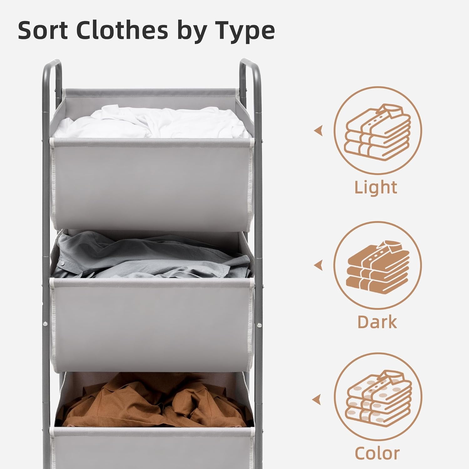 120 Liters Vertical Rolling Laundry Hamper, 3 Section Laundry Sorter with Wheels and 2 Breaks, 3-tier Laundry Baskets for Small Space, Dorm, Laundry Room, Closet, Bathroom, Gray 3-tier