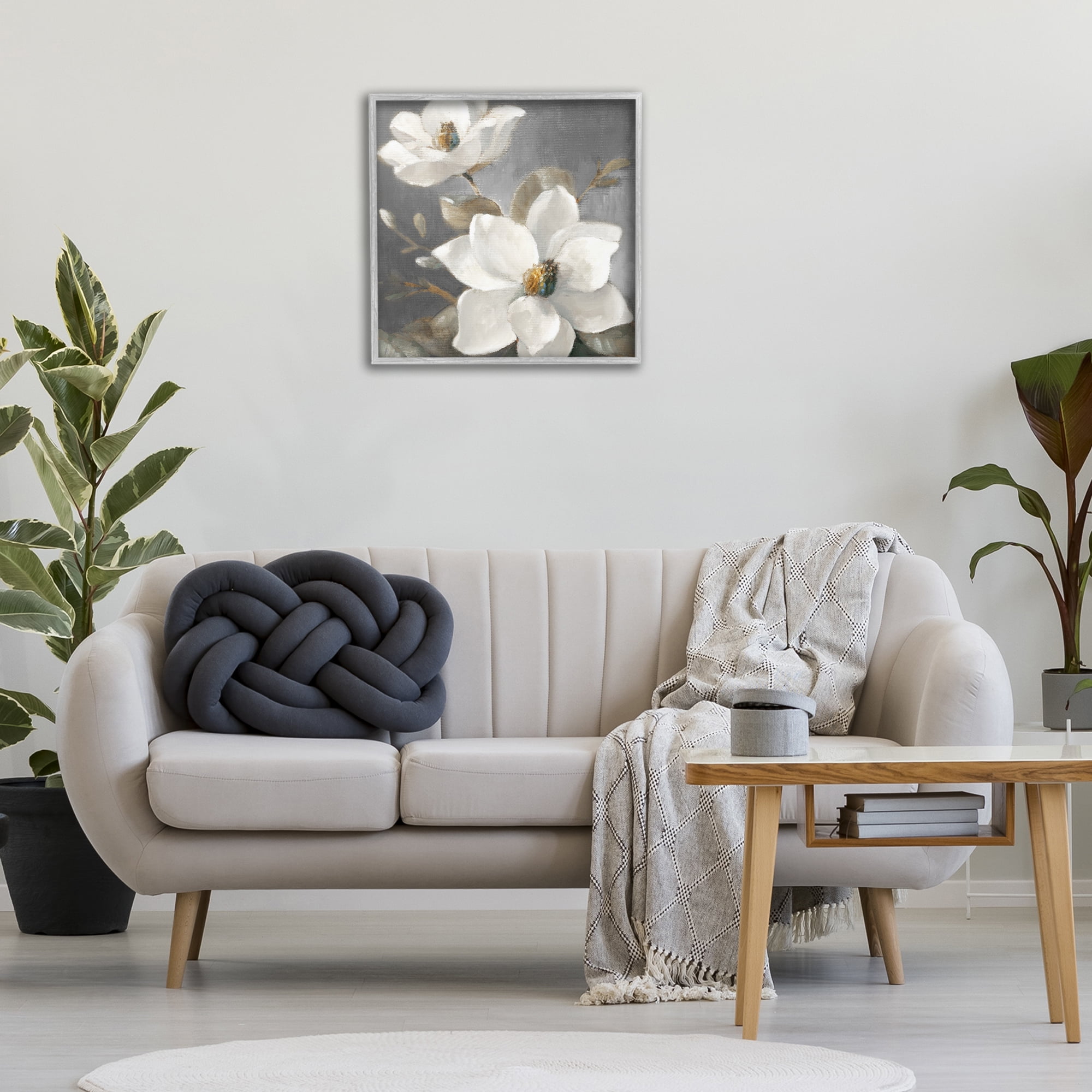 Stupell Industries Magnolias on Grey Botanical & Floral Painting Gray Framed Art Print Wall Art, 24 x 24