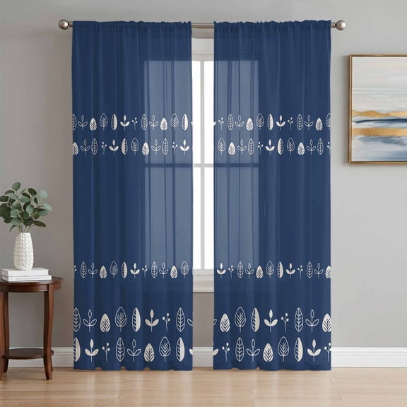 Rustic Botanical Sheer Curtains 72 Inch Length 2 Panels Set, Japanese Herb on Navy Blue Simple Art Voile Window Treatment Rod Pocket Curtains Sheers Drapes for Bedroom/Living Room/Kitchen 52"x72"x2