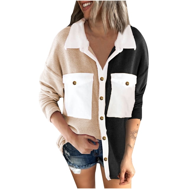 IROINID Veste Courte en Velours Côtelé pour Femmes, Col Rabattu, Couleur Contrastée, Manches Longues, Décontractée, Chaude, avec Fermeture Éclair, Cardigan, Noir
