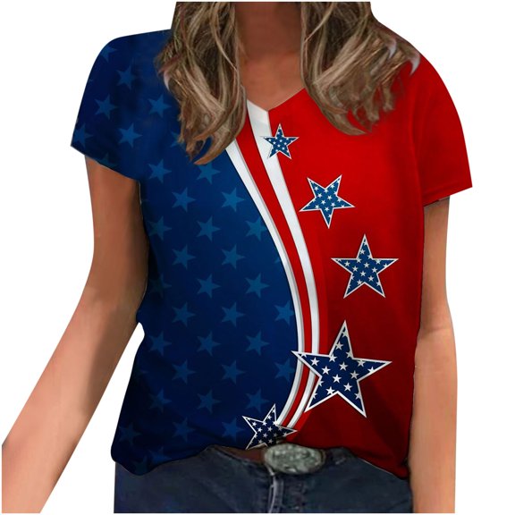 USSUMA Plus Womens Tops Dressy Casual V Neck Short Sleeve Women's Shirts and Blouses 4th of July USA Flag T-Shirts for Women Trendy Independence Day Patriotic Tunic Top Summer Beach