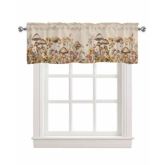 Botanical Mushroom Linen Curtain Valance for Bedroom/Bathroom/Kitchen/Office/Living/Dining Room Windows,Vintage Flower Herb Rustic Rod Pocket Topper Drapes Decorative Cafe Drapery Panel 42x18
