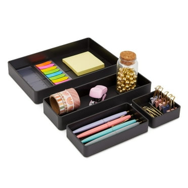 4 Pieces Plastic Desk Tray Organizer Set for Desktop and Drawer, Assorted Sizes (Black)