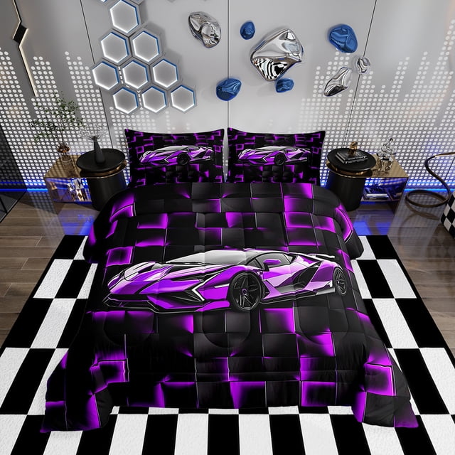 Erosebridal Purple Racing Car Bedding Full Comforter Set, Neon Geometric Down Comforter, Speed Sports Decor, Reversible 3pcs