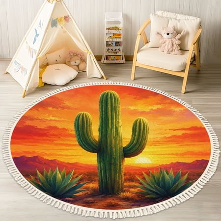 Washable Non Slip 4ft Round Rug Cactus Saguaro Southwestern Arizona Desert Sunset Succulent Boho Circle Area Rugs with Tassels Carpet for Nursery Bedroom Living Room Playroom Tent Rug