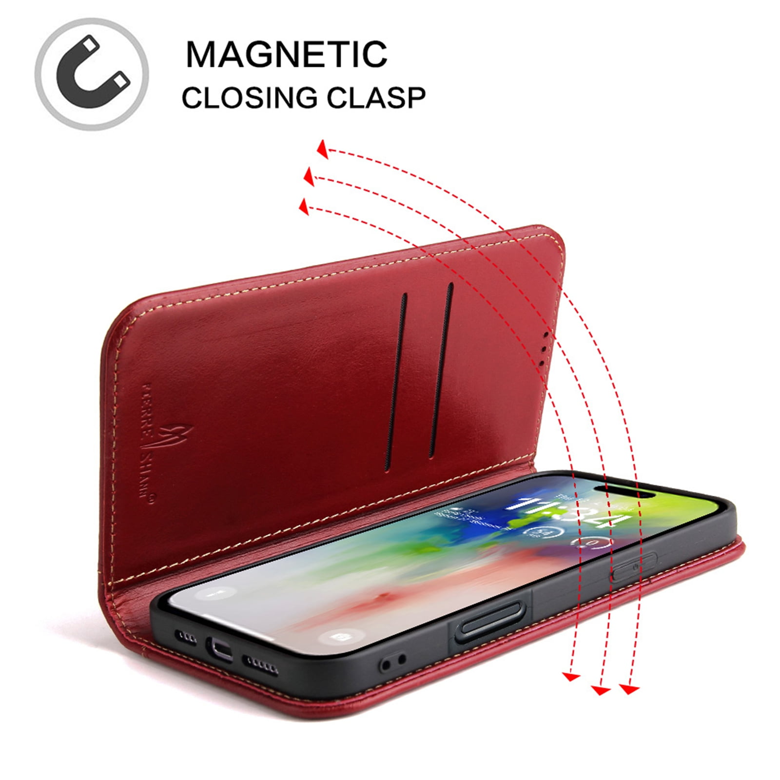 ShellTech for iPhone 16 Pro Leather Wallet Case,Luxury Genuine Vintage Leather [Slim and Durable] with Card Slot & Kickstand [Magnetic Closure] Flip Folio Case,Red