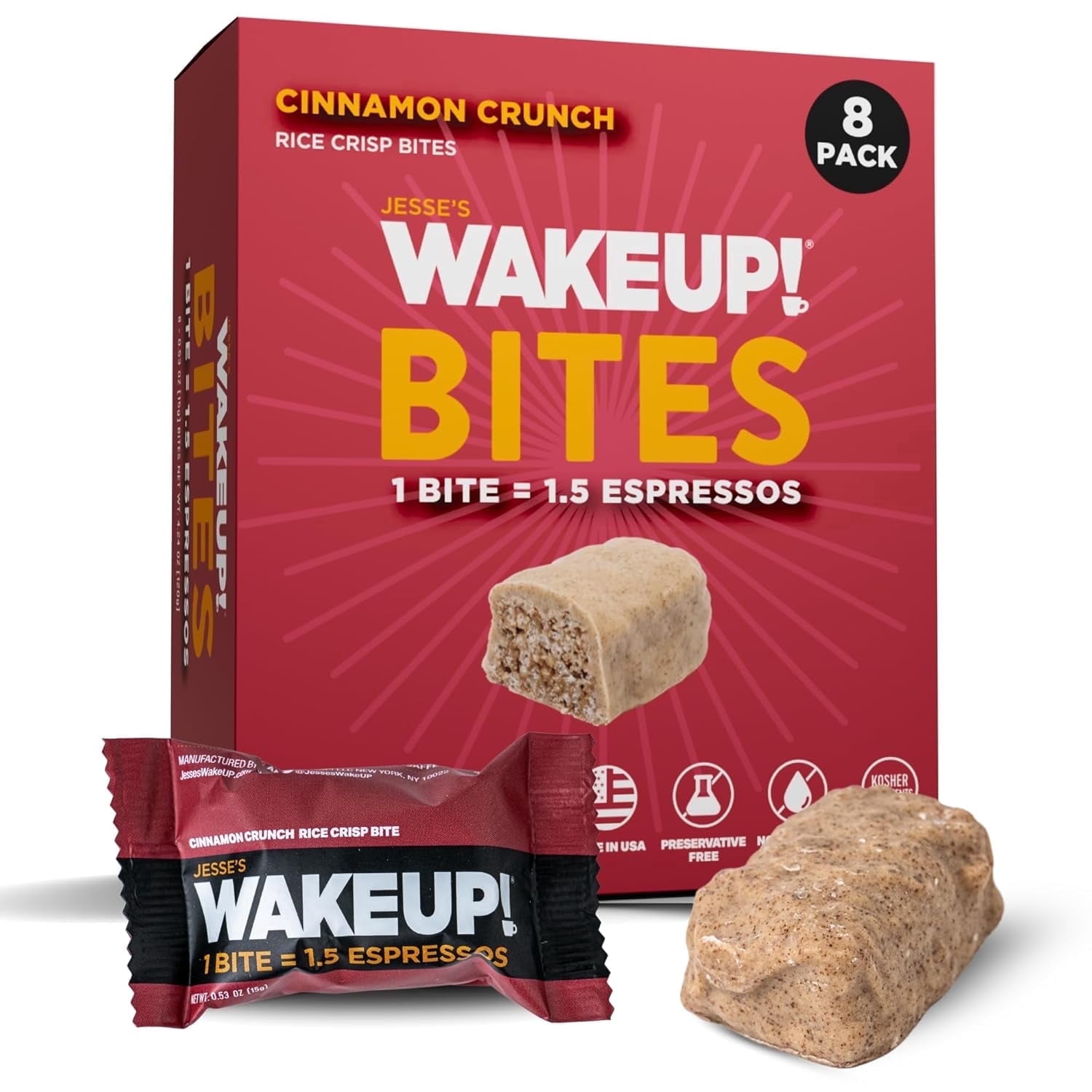 WakeUP! Cinnamon Crunch Protein Bites (1 Bite = 1.5 Espressos) – 175mg Clean Caffeine for Energy, Focus & Happy Mornings, Gluten-Free, Kosher Ingredients, Vegetarian, Free Energy (8 Pack)