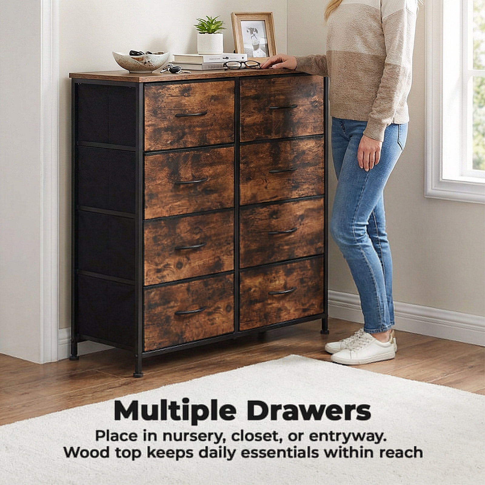 Alvantor Tall Fabric Storage Tower with Wooden Top for Bedroom and Closet