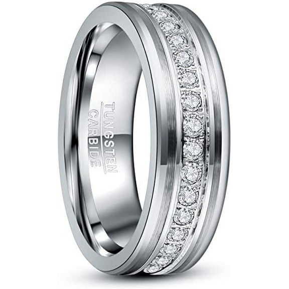 Men /Women 8mm Tungsten Carbide Rings Cubic Zirconia Wedding Band High Polished Comfort Fit Size 7 - 12