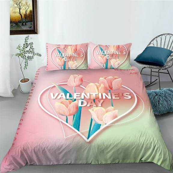 Valentine's Day Bed Gift Tulip Rose Chocolate Balloon Printed Comforter Cover Set for Woman Romantic Bed Set