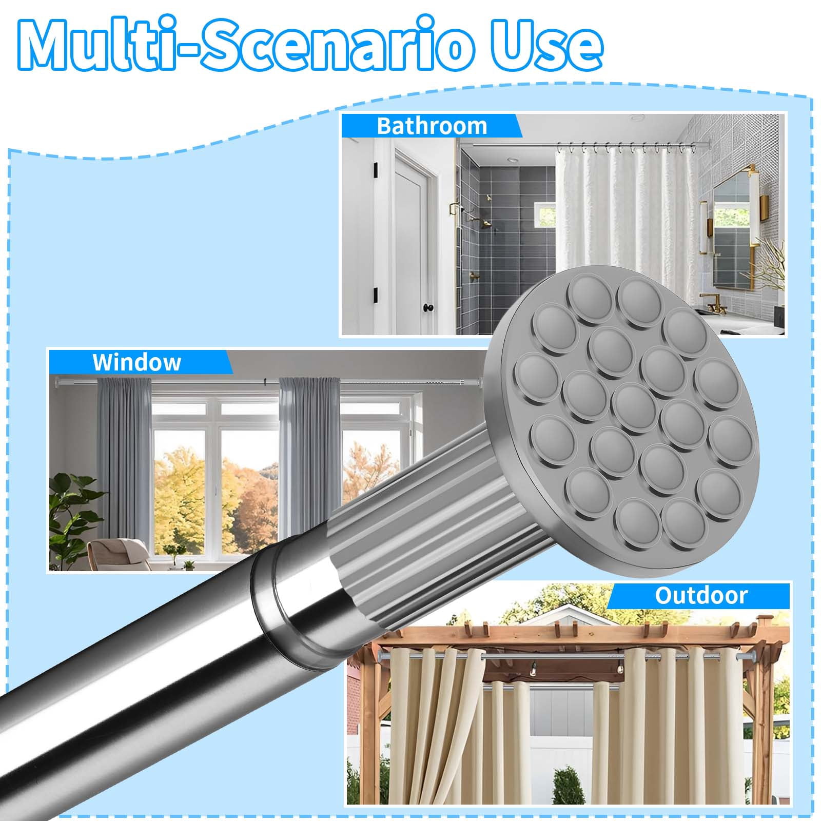 Ktinnead Tension Curtain Rod 51-128in, Extra Long Curtain Rod No Drilling for Window or Bathroom Patio, Adjustable Spring Shower Curtain Rod, Easy to Install Never Rust, Rod Diameter 1.26in-Silver