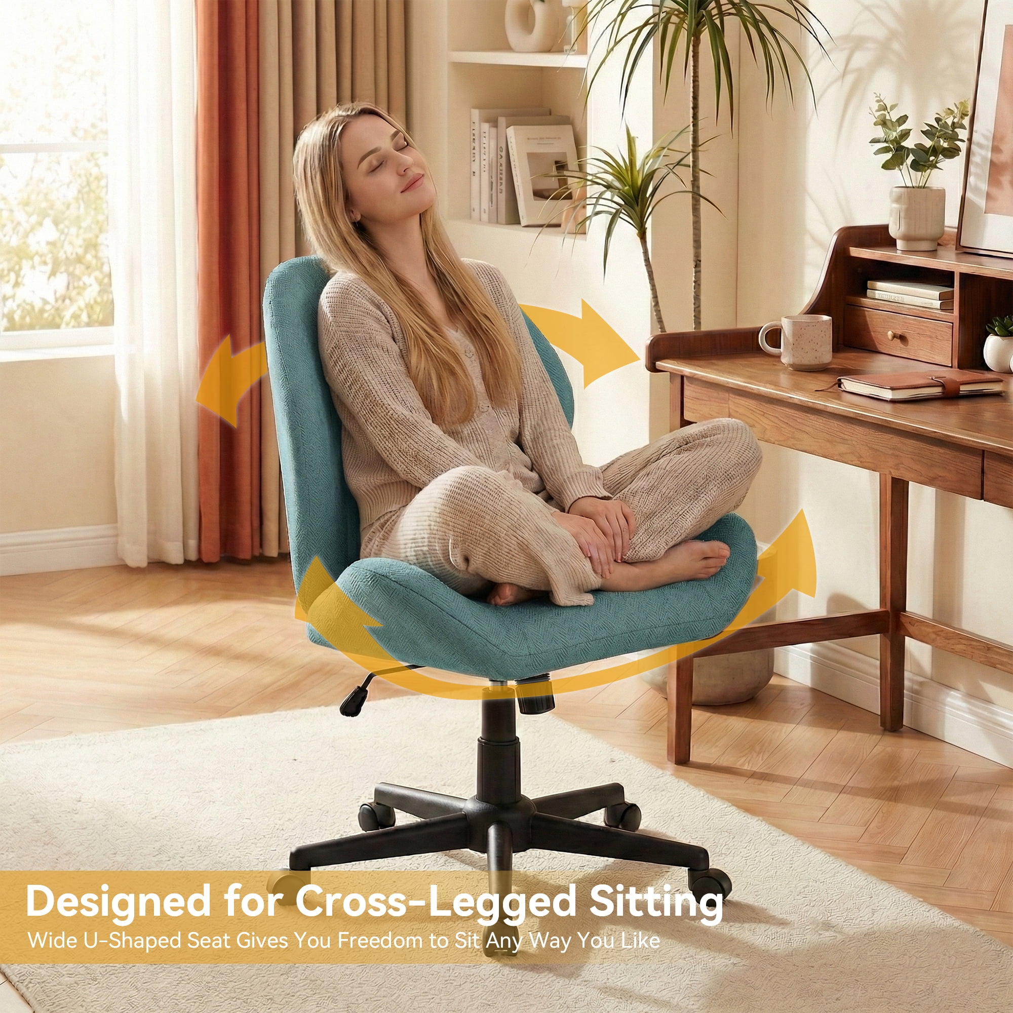 YIKEMA High Back Armless Rolling Office Chair, Wide Ergonomic Seat, Blue