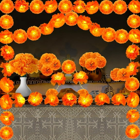 Marigold Garland for Decoration, Total 10 Ft 20 LED Marigold Garland String Lights with 30 Artificial Marigold Flowers for Diwali Day of The Dead Decorations Indian Halloween Home Decor
