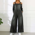 thumbnail image 2 of Womens One Piece Jumpsuit Denim Print Long Sleeve Relaxed Fit with Pockets Black L, 2 of 6
