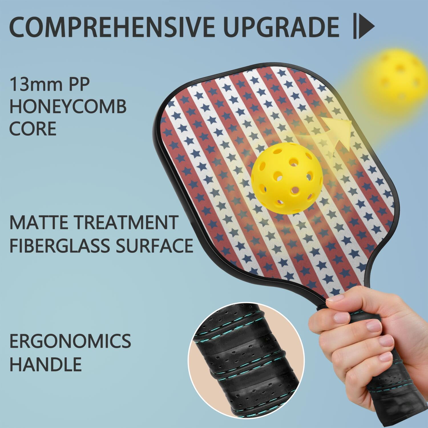 Pickleball Paddles Set Of 1, Fiberglass Surface, USA, Star Print, 1 Paddle, 2 Balls & Bag