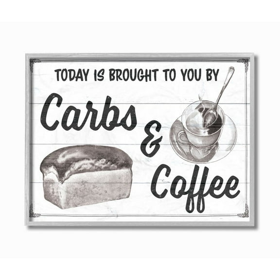 Stupell Industries Carbs and Coffee Kitchen Humor Rustic Word Design Graphic Art Gray Framed Art Print Wall Art, 16x20, by The Saturday Evening Post