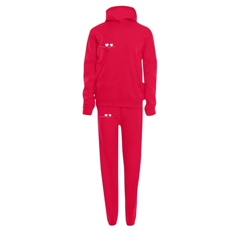 RQYYD Two Piece Outfits for Women Valentine s Day Heart Graphic Tracksuit Set Casual Loose Sweatshirt Hoodie Sweatpants Hooded Sweatsuit Red S