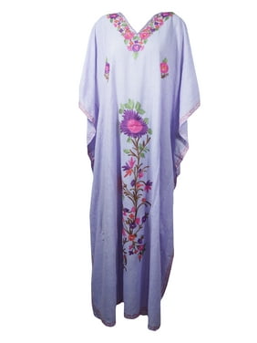 Mogul Women Lavender Embellished Maxi Kaftan Long Summer Dress Floral Kimono Sleeves Resort Wear Lounger Cover Up Caftan One Size