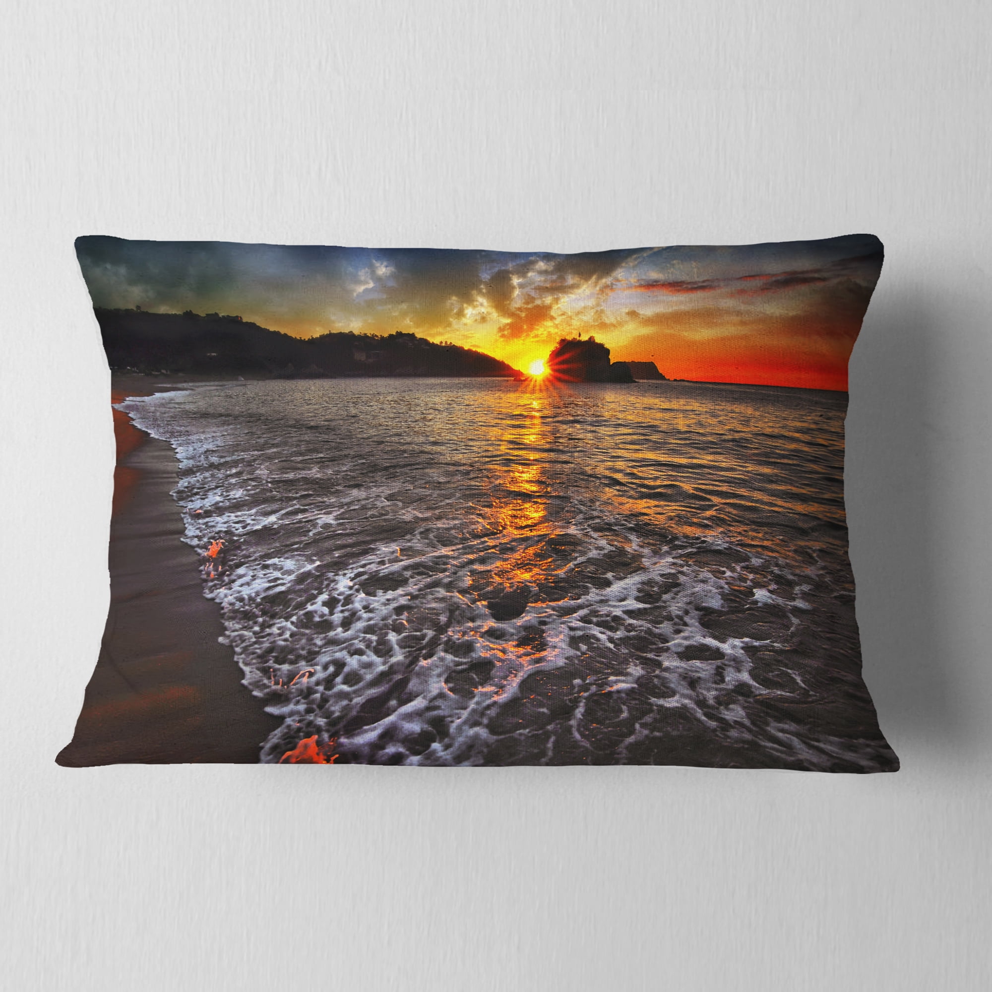 Designart Setting Sun and White Waves - Seashore Photo Throw Pillow - 12x20