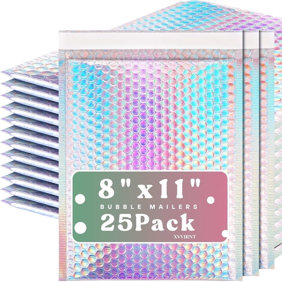 25 Pcs Metallic Bubble Mailers, 8x10 Inch Holographic Bubble Mailers, Poly Padded Envelopes, Self Sealing Shipping Bags, Waterproof Cushion Envelopes for Mailing Packaging Small Business