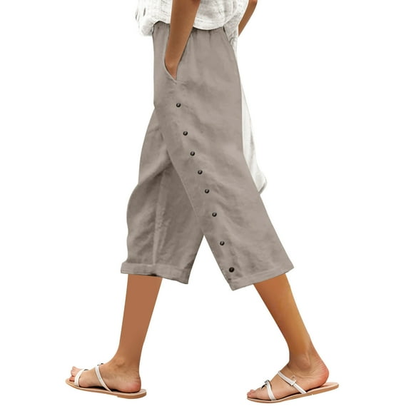 Gyexs Striped Linen Pants Women Linen Capri Pants Lightweight Spring Summer Pants for Women 2025 Ladies Pinstripe Pants Khaki