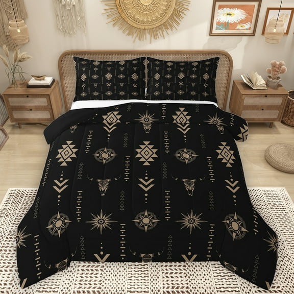 Homewish Brown Black Bedding Comforter Set,Bull Skull Twin Comforter Sets,Rustic Boho Tribal Bedding Set For Adults,Super Cozy Room Decor Reversible,2pcs