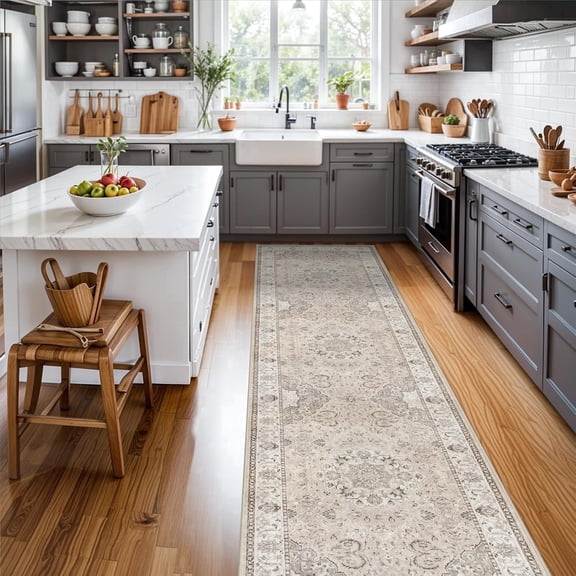 YOUFORTONG 2'x10' Washable Runner Rug,Non Slip Vintage Hallway Rug,Soft Indoor Floor Mat for Kitchen Entryway Bathroom Living Room Bedroom Farmhouse Carpet,Beige