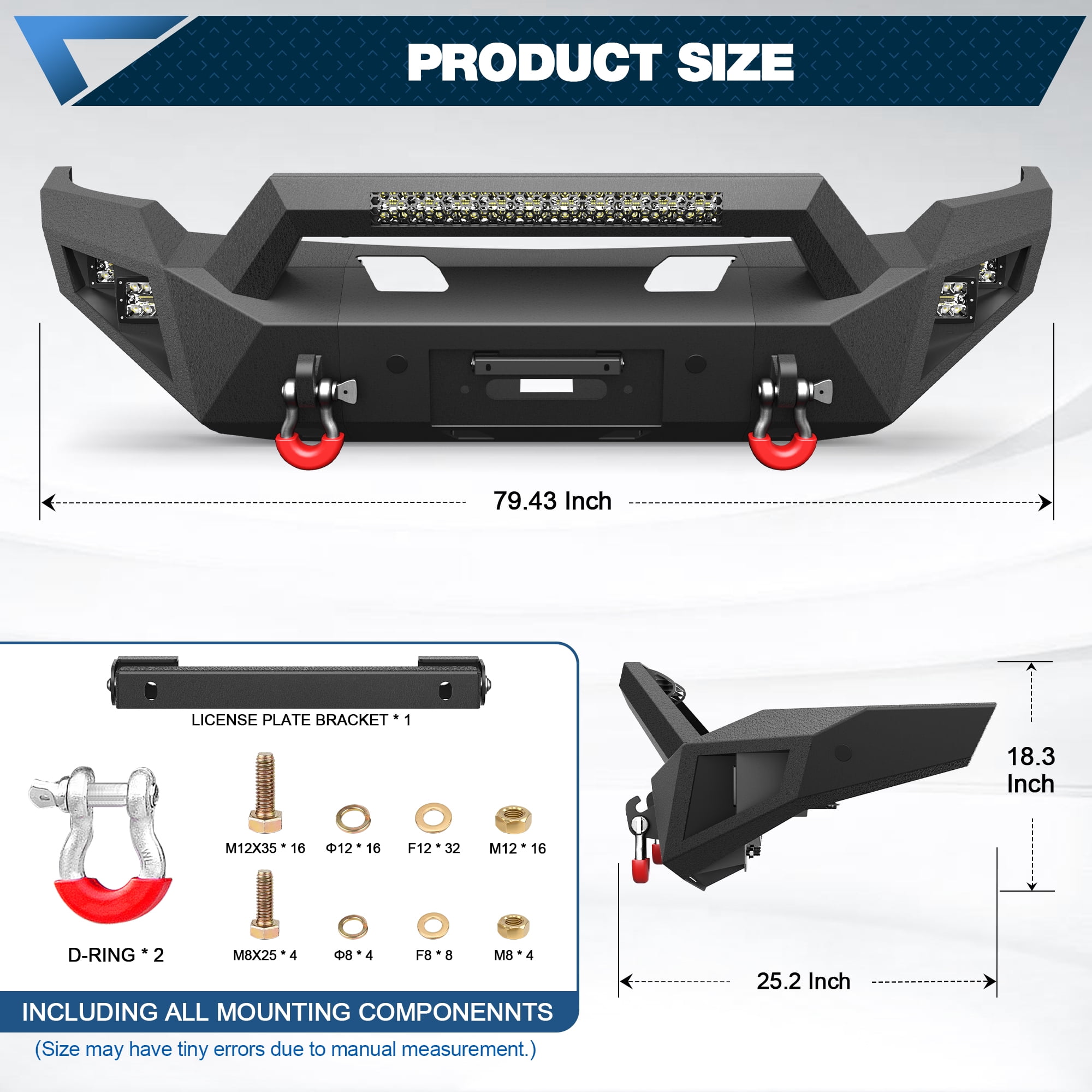 POFENZE Fits 2006 2007 2008 Dodge Ram 1500 Front Bumper Pickup Truck Bumper w/Winch Plate LED Lights