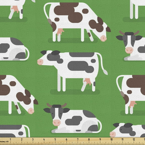 Ambesonne Cattle Fabric by the Yard Upholstery, Graphic Sitting Cows, 5 Yards, Multicolor