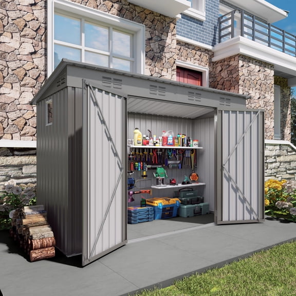 4 x 9 FT Outdoor Storage Shed, Updated Metal Garden Shed with Lockable Doors and Air Vents, Tool Storage Shed with Slopping Roof for Garden, Patio, Courtyard