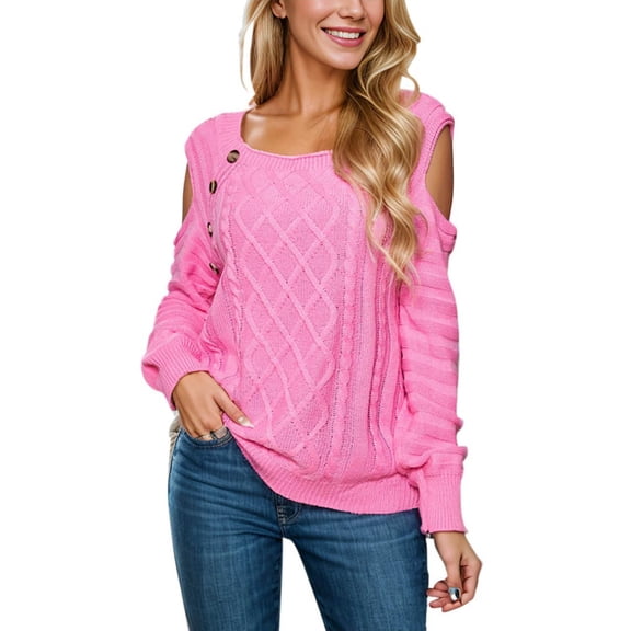 Cable Sweaters For Women Casual Off The Shoulder Buttoned Pullover Fall Winter
