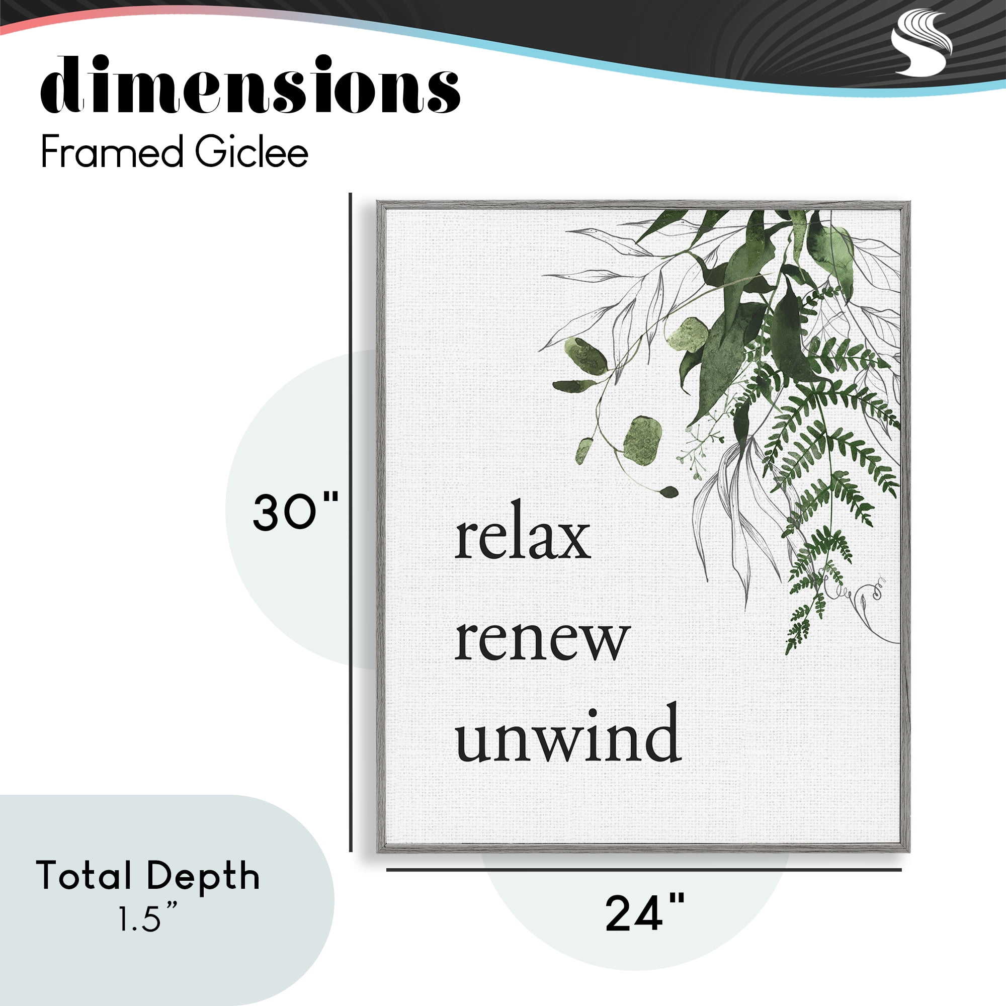 Relax Renew Unwind with Foliage Gray Framed Giclee Art, design by Lettered and Lined