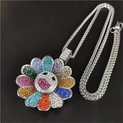 Sunflower Smiley Face Punk Necklace Colorful Spinning Petal Taksi Murakm Necklace,Silver Color