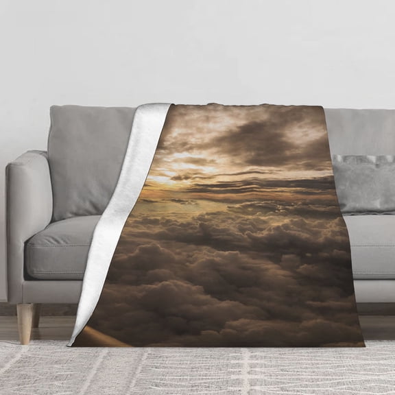 Golden Sunset Above Clouds Fleece Throw Blanket, Aerial View Dramatic Sunlit Cloudscape Sky Scenery Print Warm Comfortable Fleece Blanket for Couch Bedroom