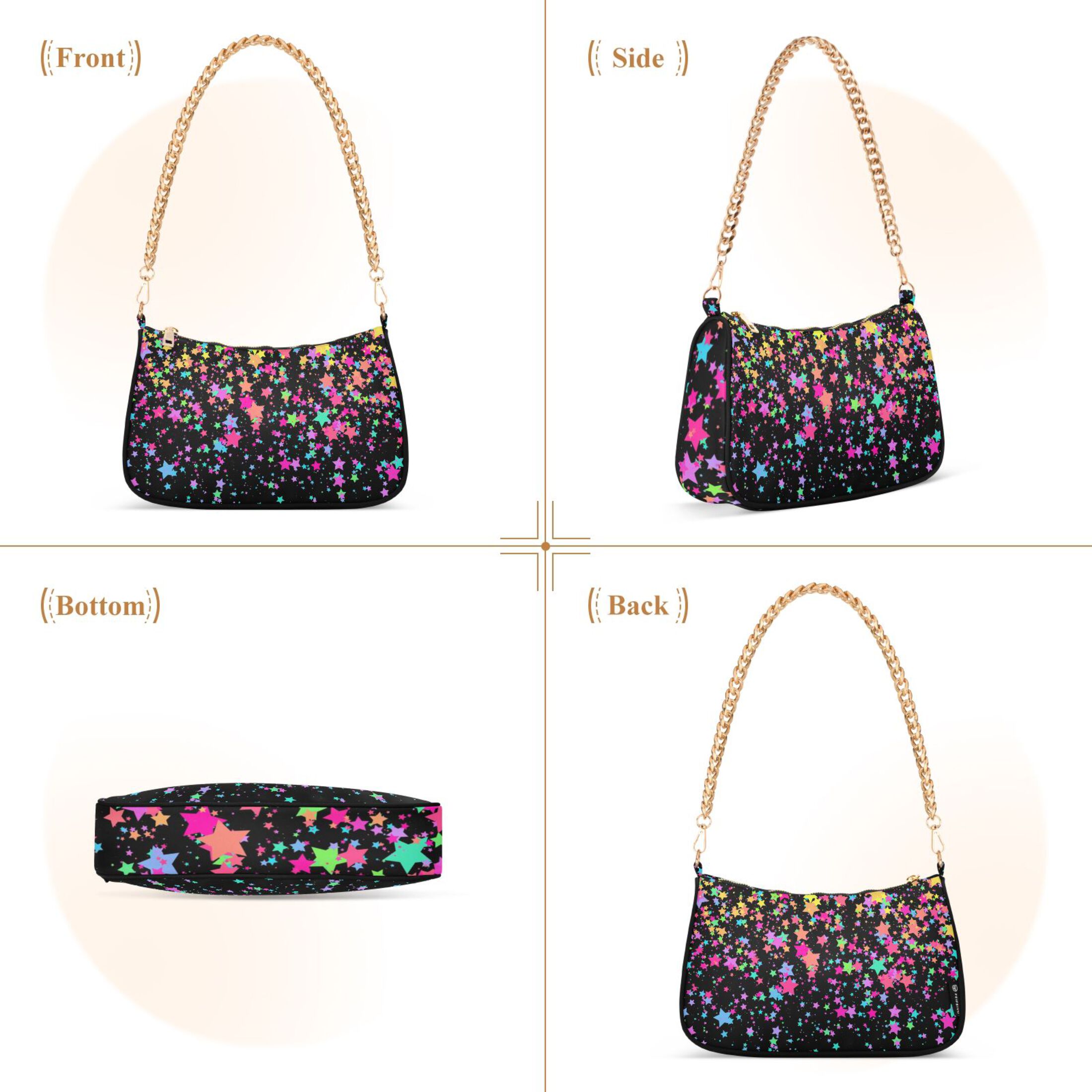 Black with Colorful Stars Womens Chain Shoulder Bag Tote Handbag Clutch Hobo Purse with Zipper for Travel Casual
