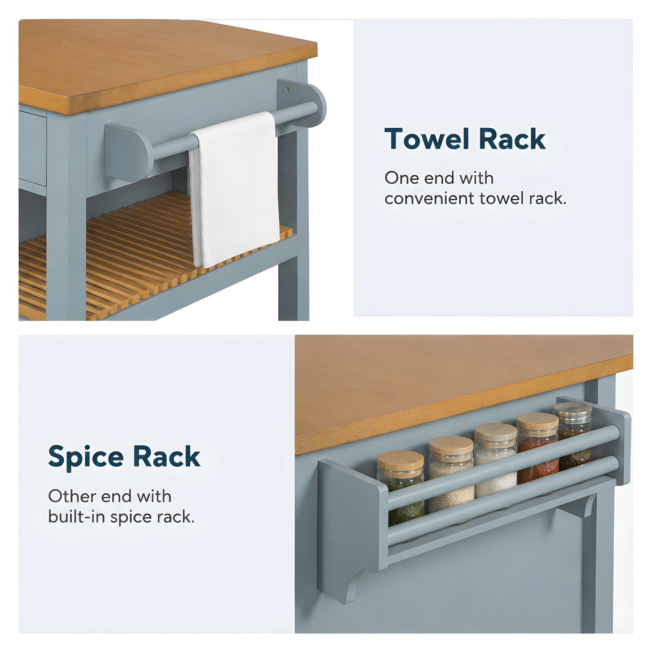 Christopher Knight Home 52" Modern Kitchen Island Cart with Wood Top, Storage Cabinet, Blue Gray