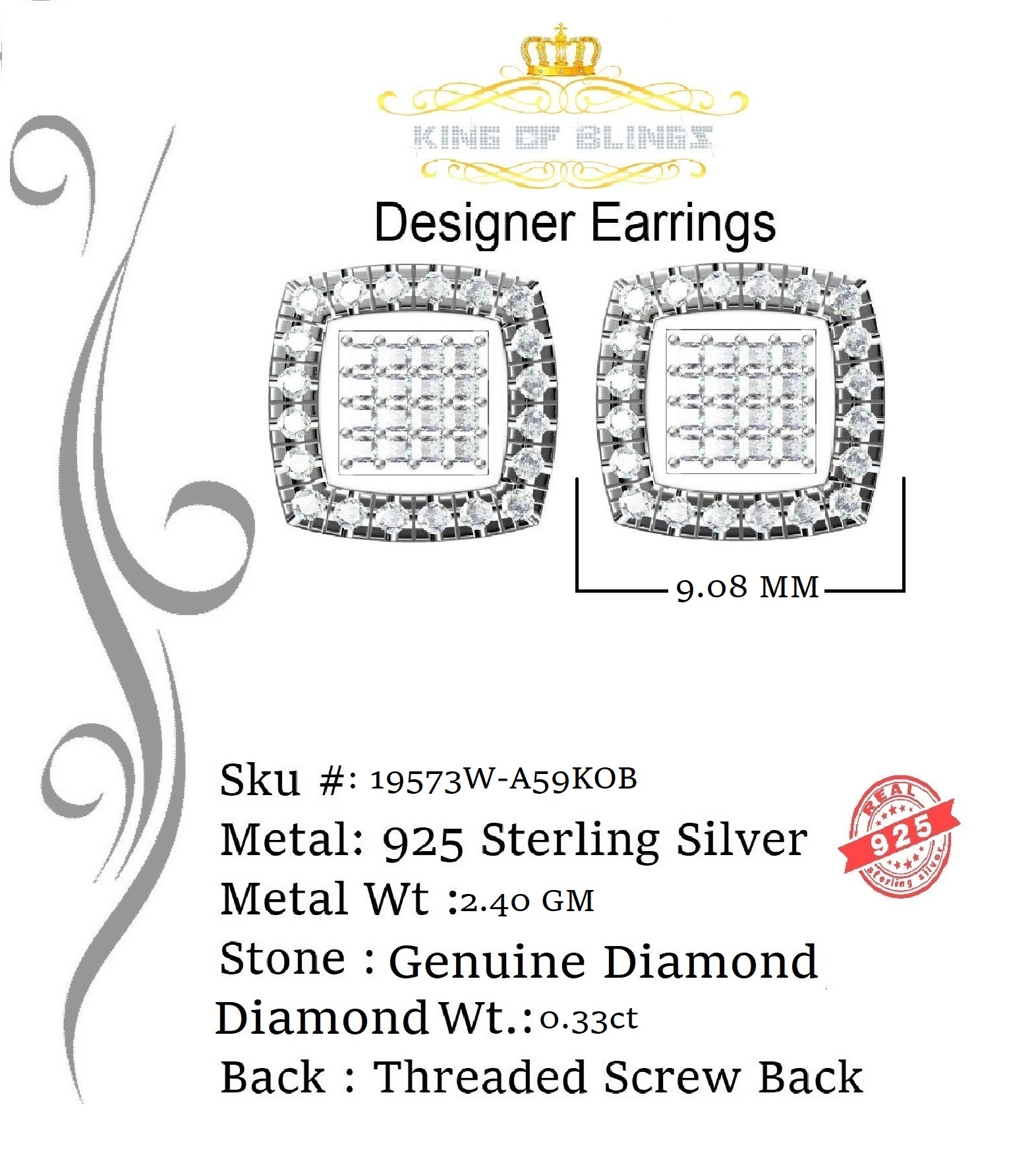 King of Bling's 0.75ct Diamond 925 Sterling Silver Hip Hop White Stud Earring For Men / Women